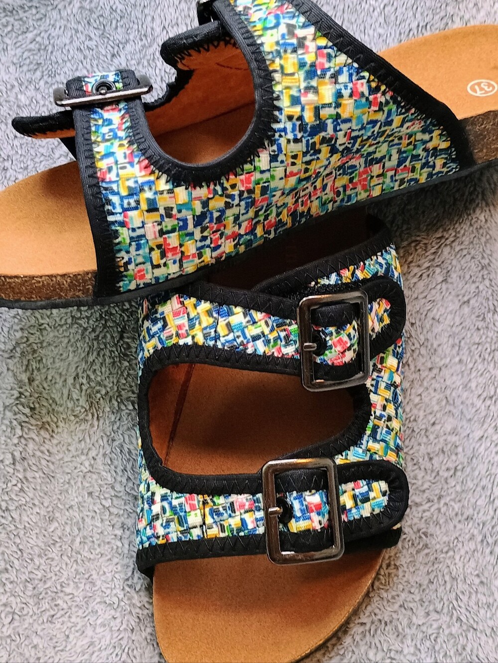 Multicolor Woven Slide Sandals 6 Bernie Mev Black Trim Women Slides Adjustable